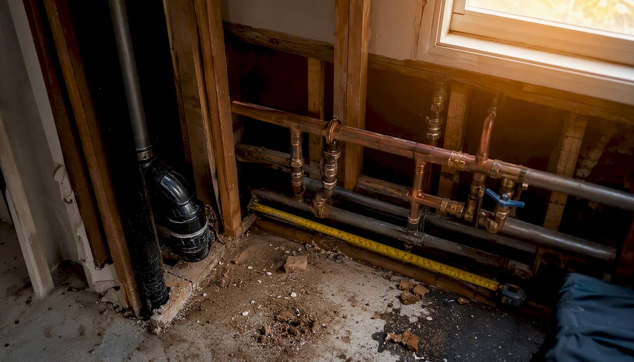 Partially opened wall exposing home pipes and measuring tape
