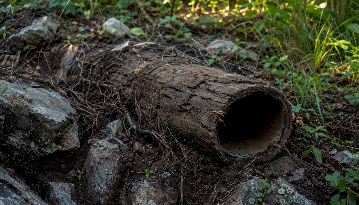 Close-up of excavated old Orangeburg pipe in soil