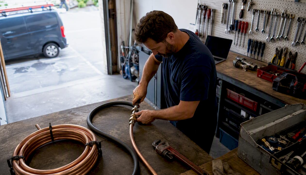 Plumber hands tightening pipe fitting