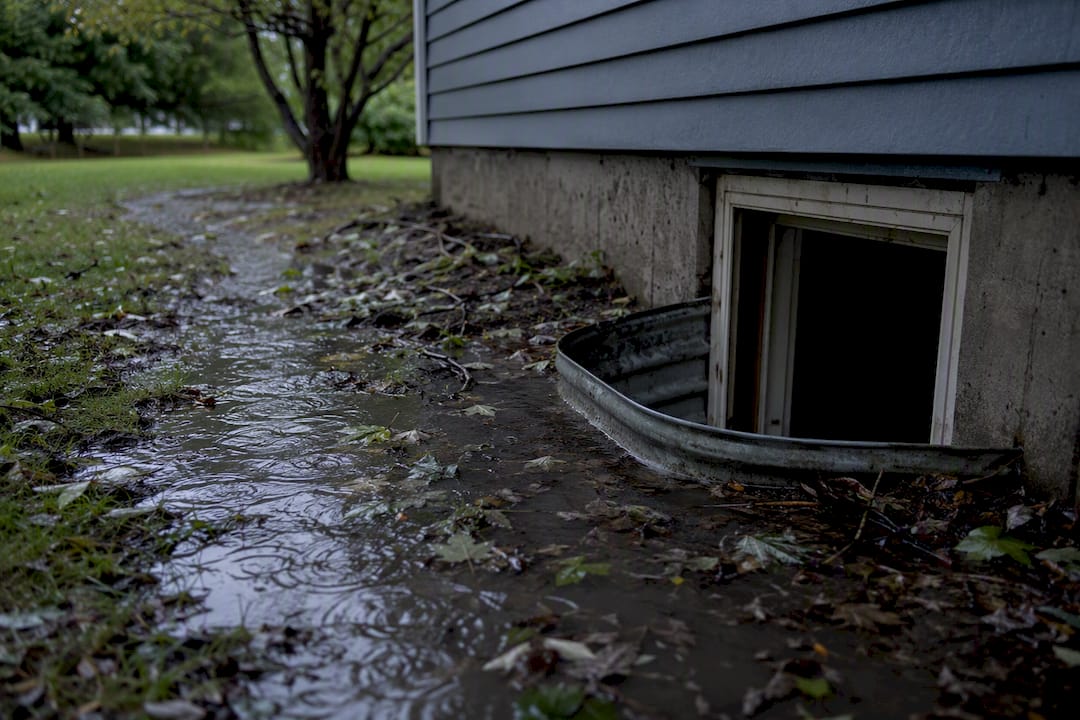 Flooded basement drain area after heavy rain