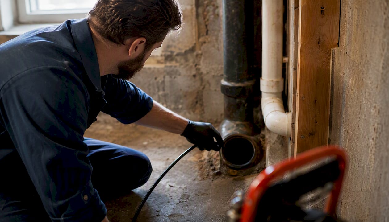 Plumber performing sewer camera inspection in basement
