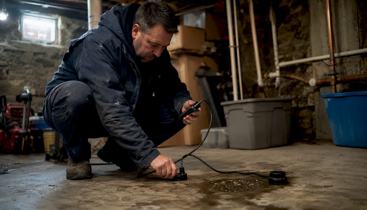 Plumber conducting acoustic leak detection on floor