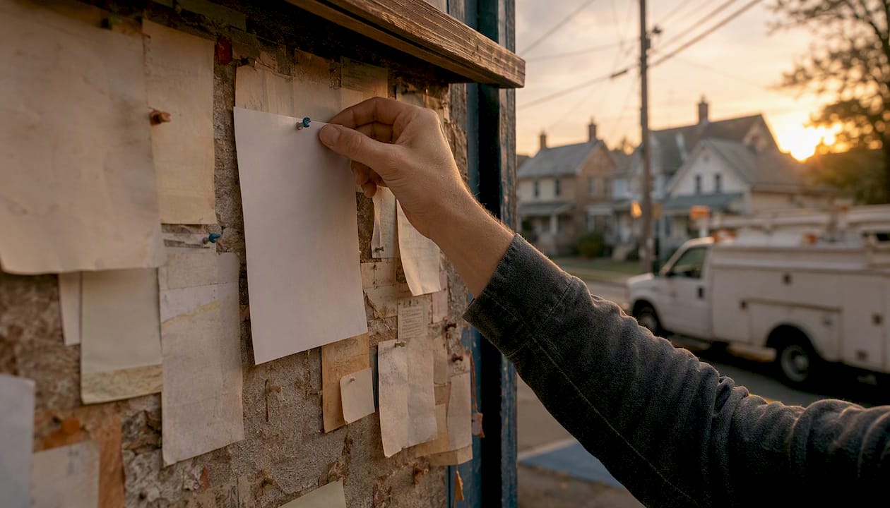 Hand pinning flyer on neighborhood bulletin board