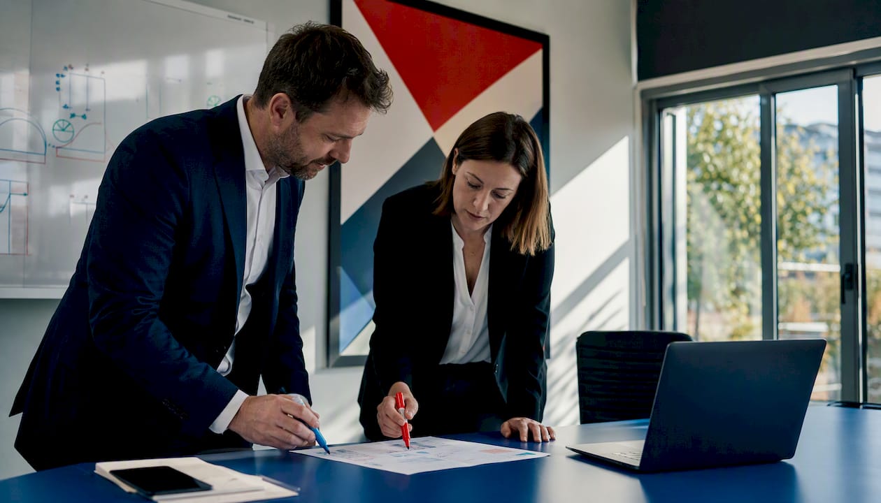 Hands pointing to financial documents on table