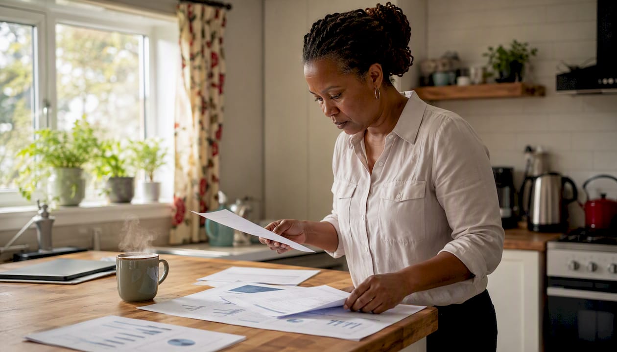 Woman reviewing UK company reports at home