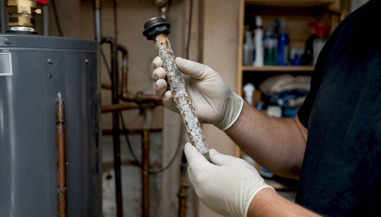 Hands holding corroded water heater anode rod