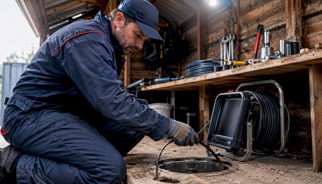 Plumber inserting sewer camera for inspection