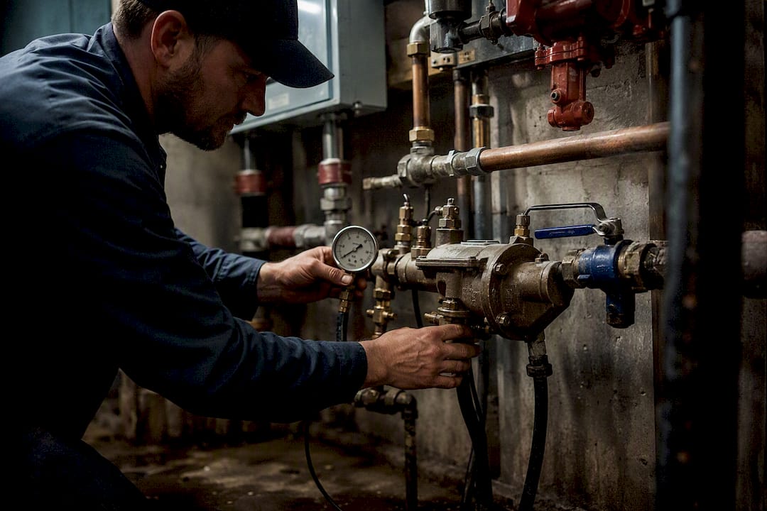 Plumber repairing backflow device valves