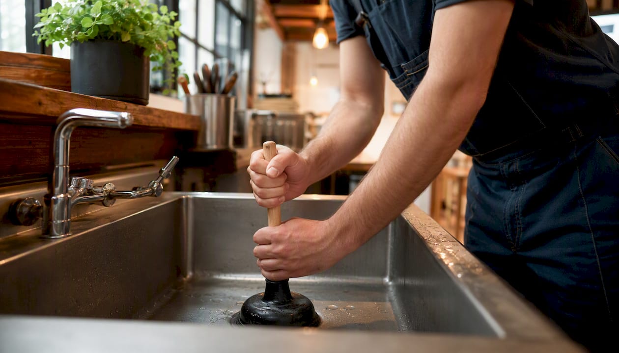 Plumber plunging a clogged kitchen sink drain
