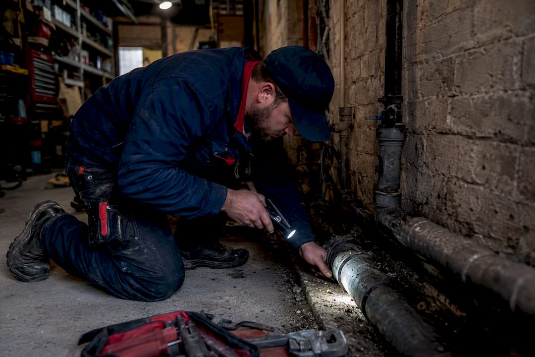 Plumber inspecting home sewer lateral pipe