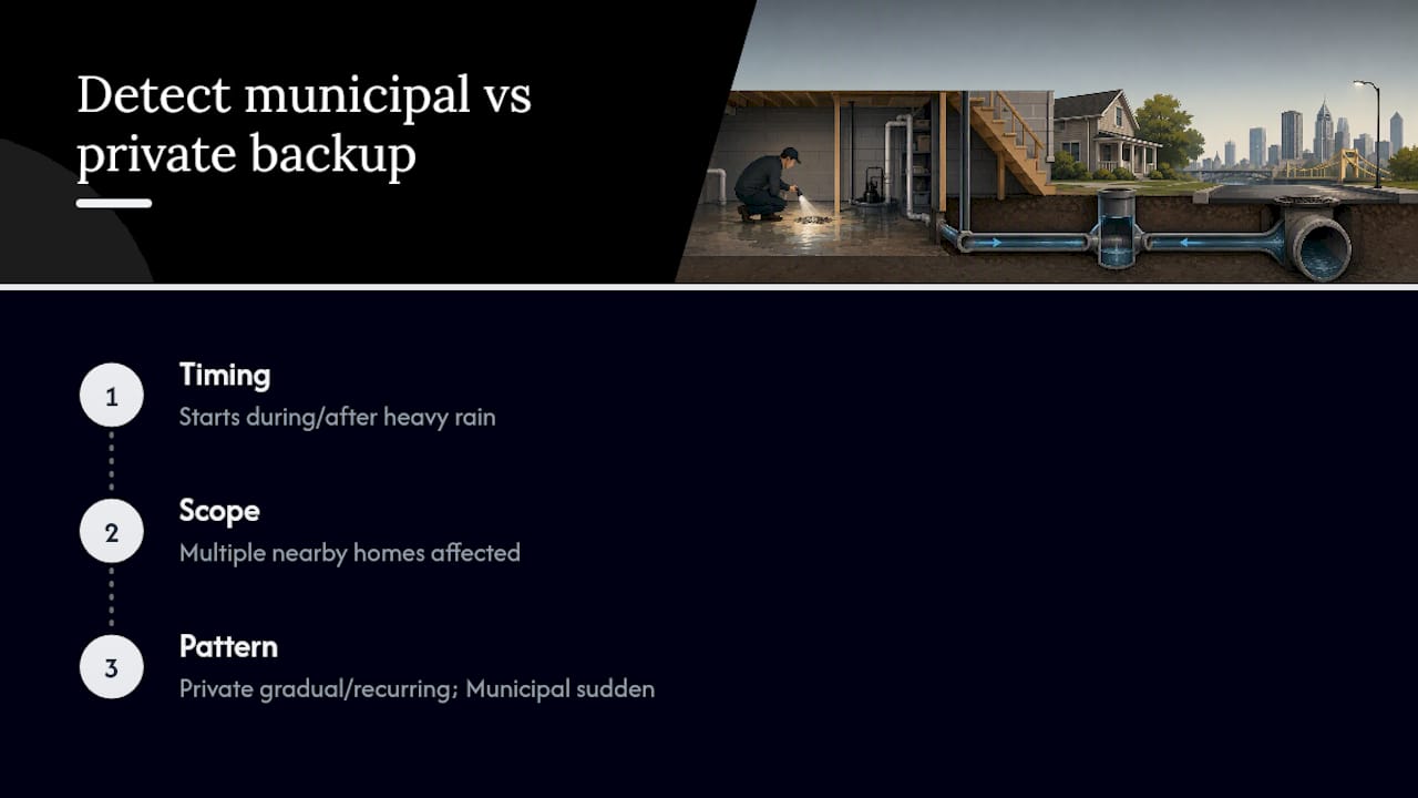 Diagram showing steps to tell municipal vs private sewer backups