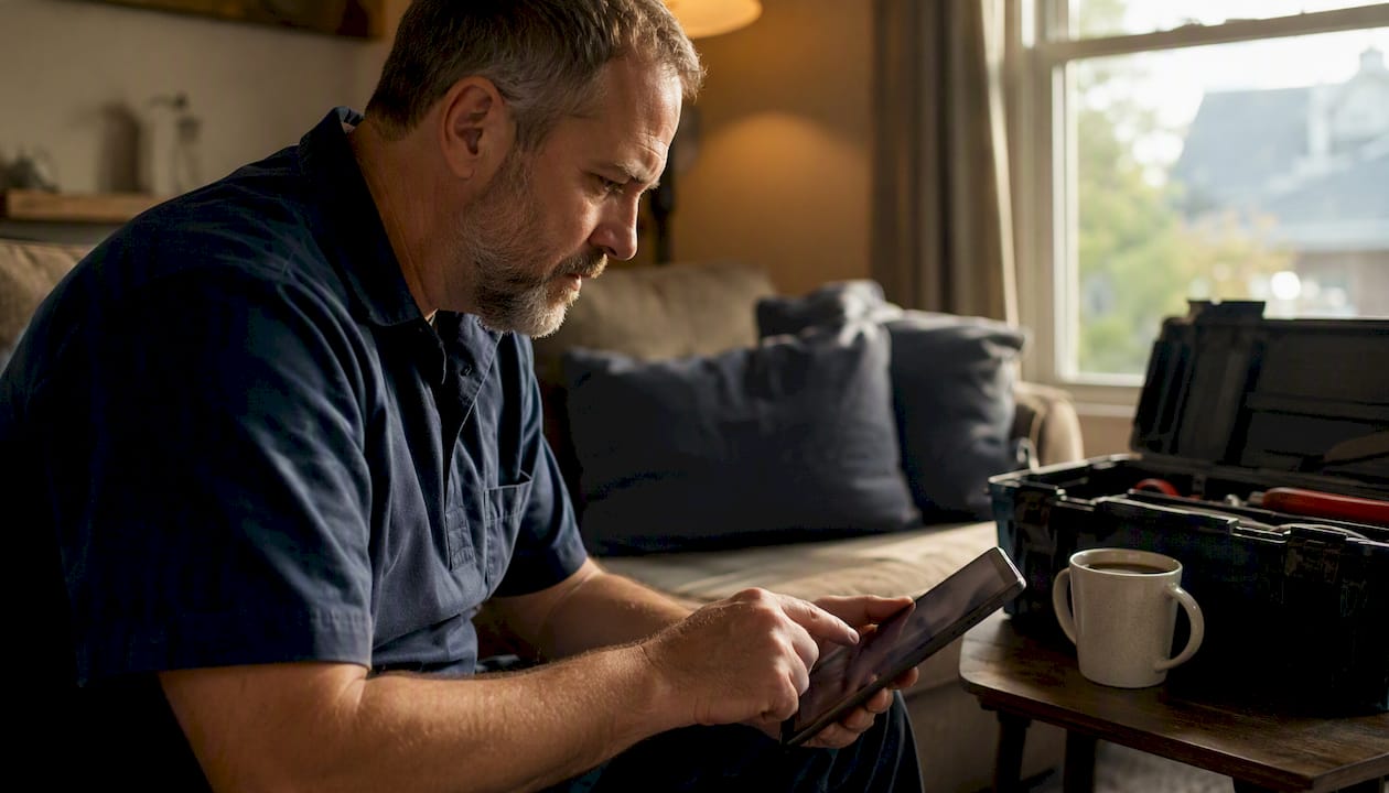 Plumber updating business profile at home