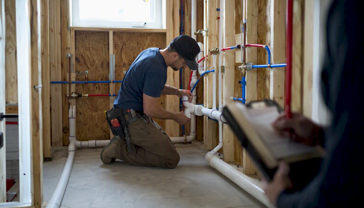Plumber during rough-in plumbing inspection