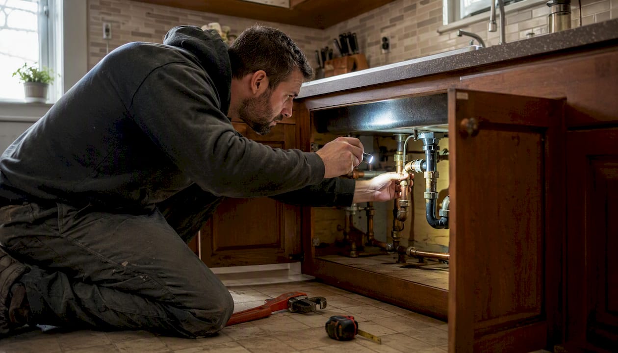 Plumber inspecting residential plumbing pipes