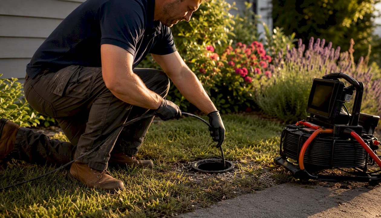Plumber inserting camera probe into sewer cleanout