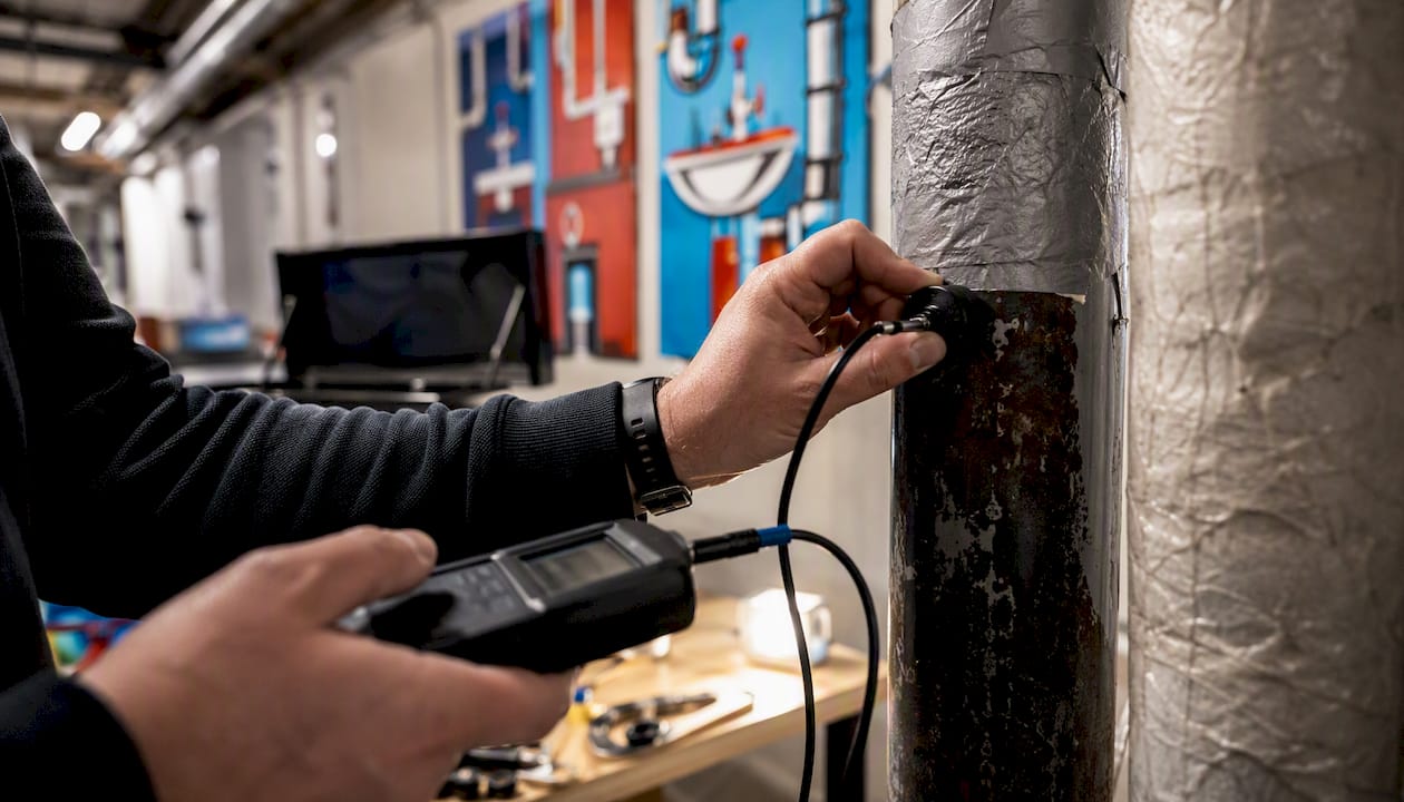 Plumber’s hands with acoustic leak detection microphone