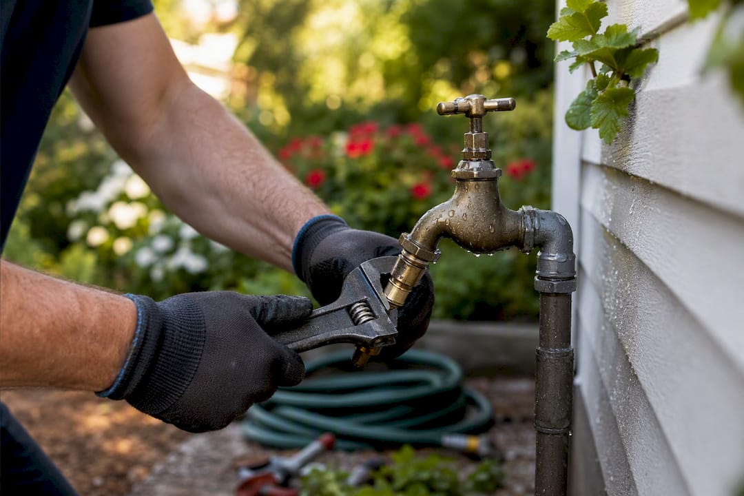 Plumber hands tightening outdoor hose bib
