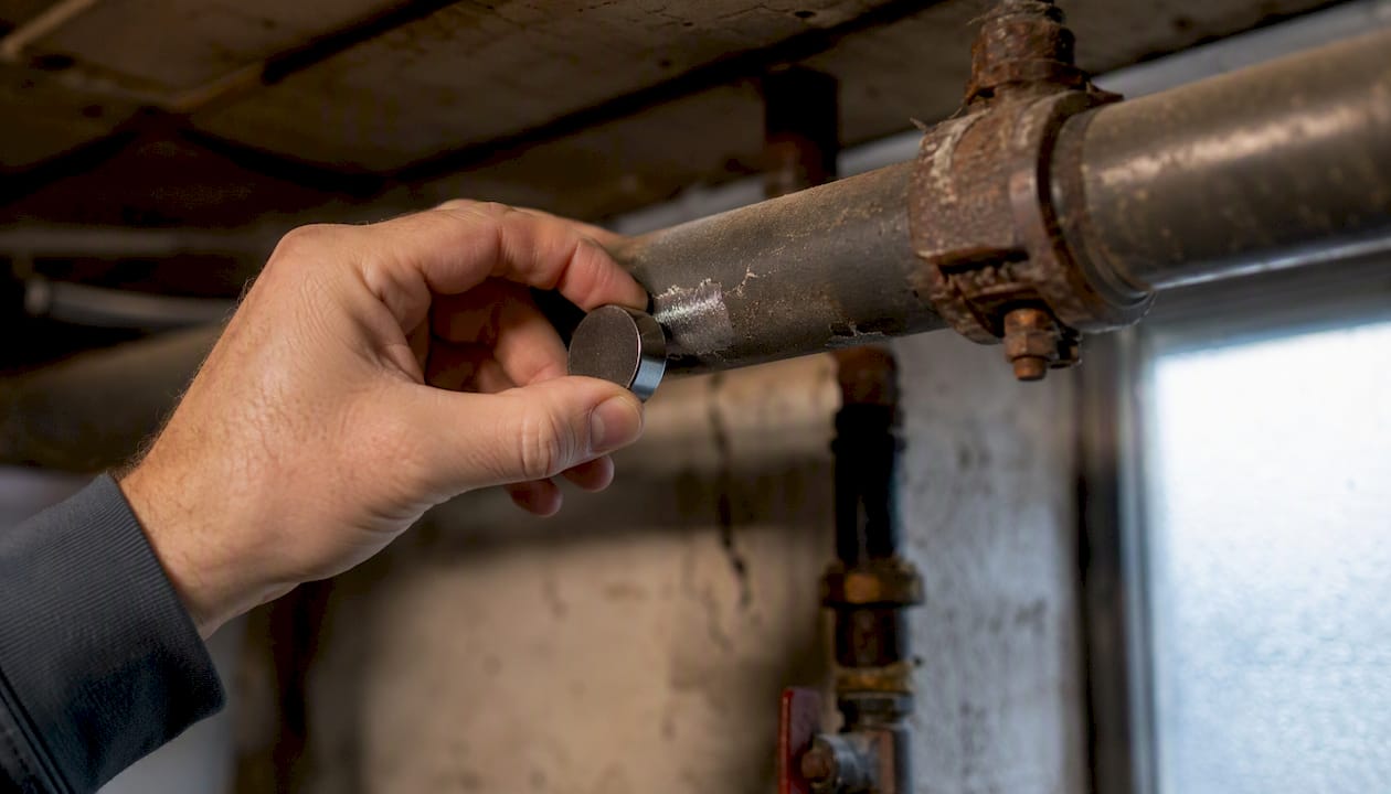Hand using magnet on pipe with scratch test