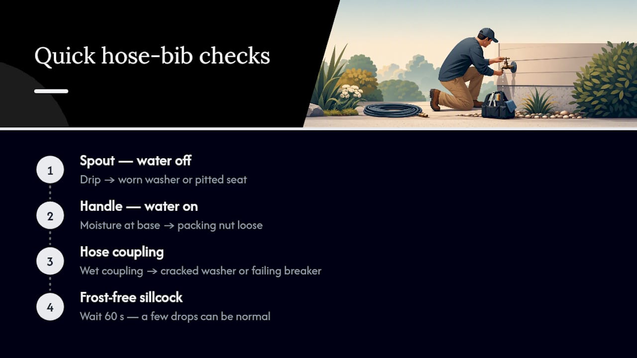 Diagram comparing hose bib leak diagnosis steps