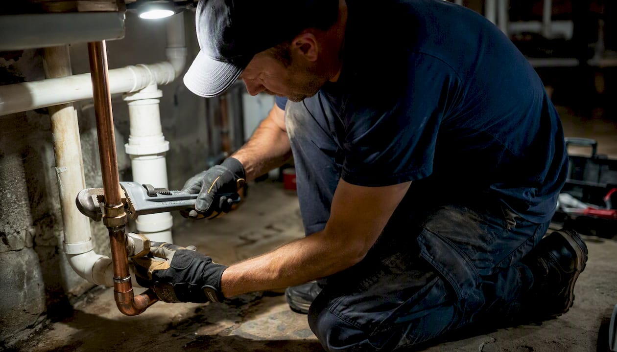 Plumber tightening residential copper pipe fitting
