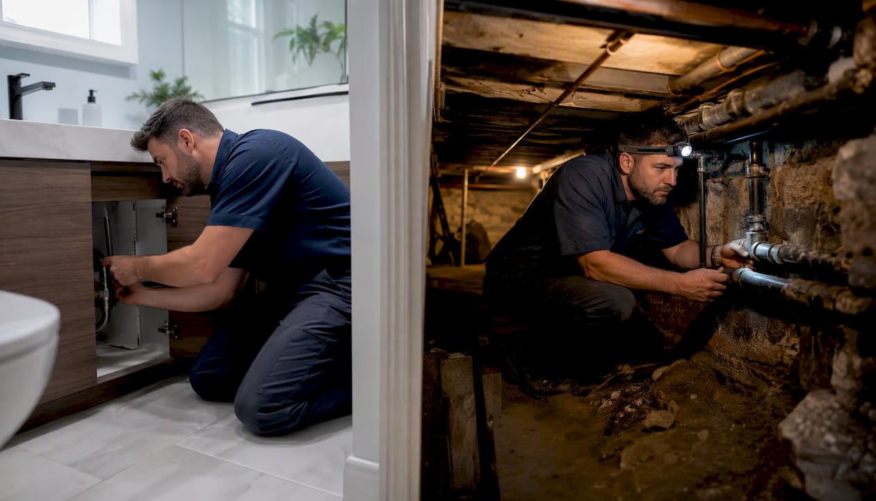Plumber working in kitchen and crawlspace settings