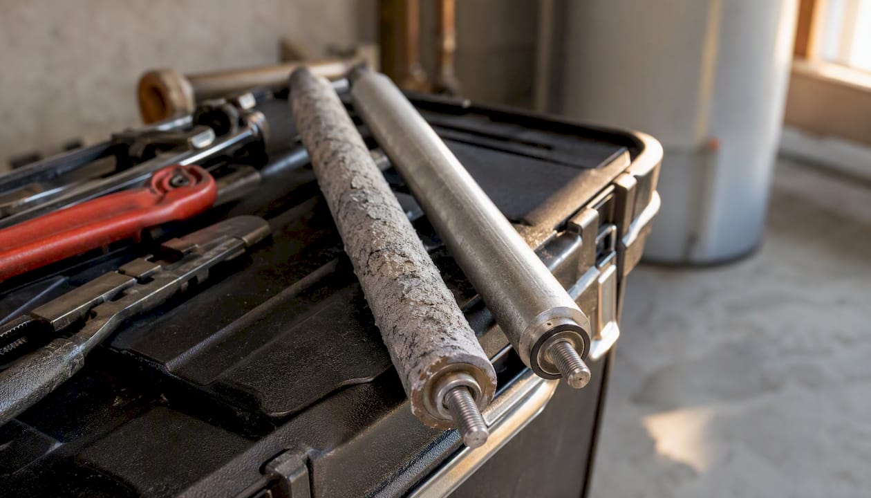 Magnesium and aluminum anode rods side-by-side