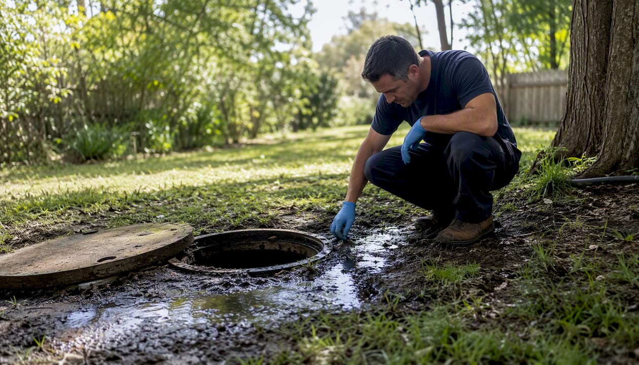 Plumber inspecting wet yard sewage leak
