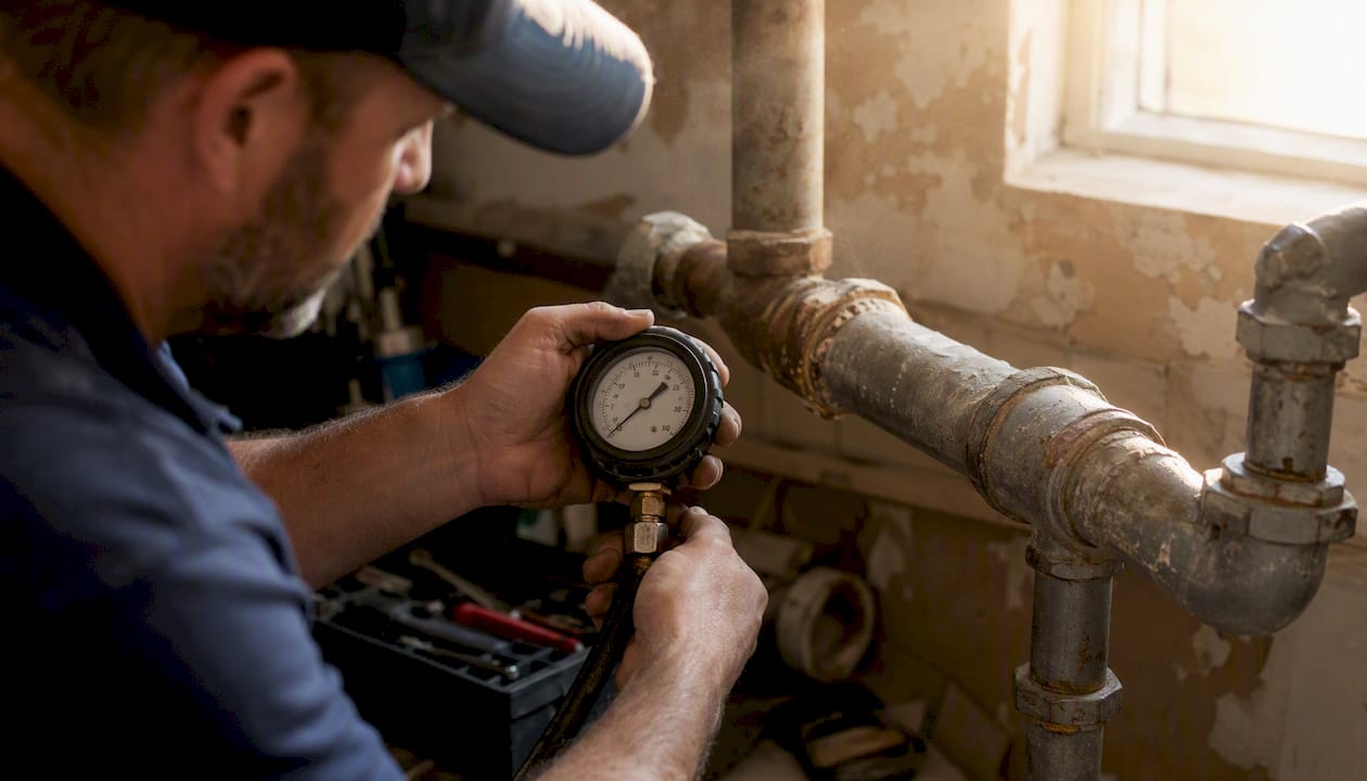 Plumber pressure testing aged galvanized pipe in basement