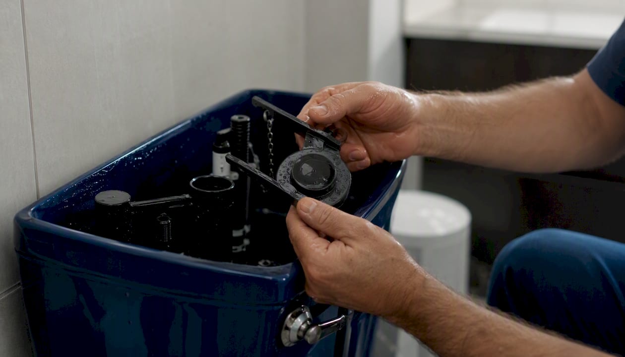 Plumber inspecting toilet tank flapper seal