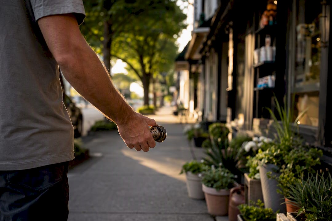 Hand holding old faucet cartridge part outdoors