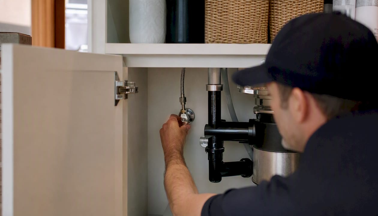 Hand turning shutoff valve under bathroom sink