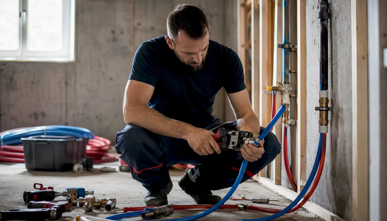 Plumber installing PEX tubing in new home