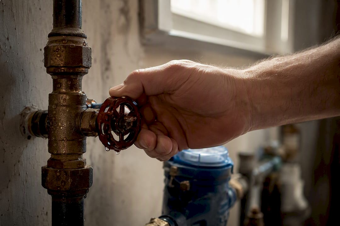 Hand turning water valve near water meter
