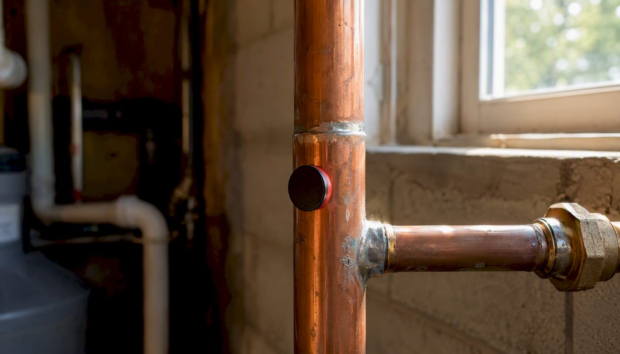 Magnet flat on metal pipe close-up
