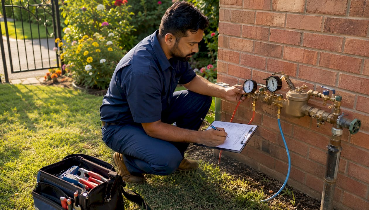 Plumber testing residential backflow preventer