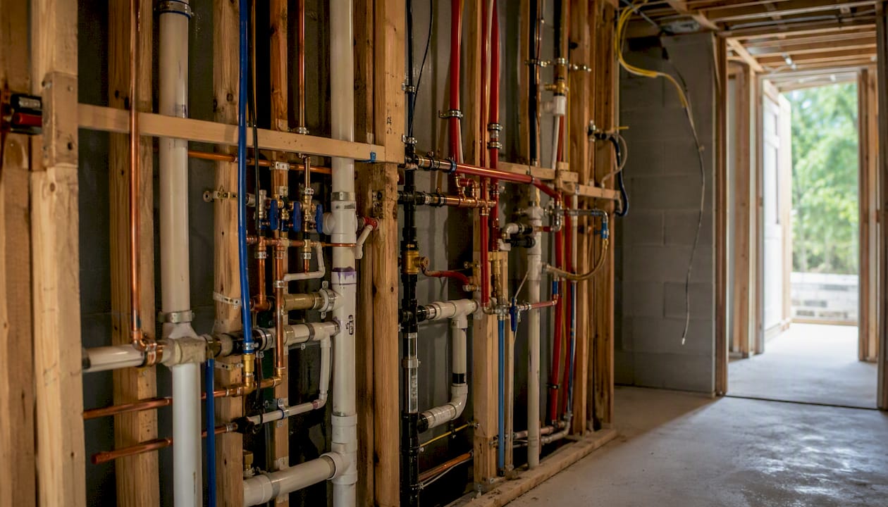 Clustered wet wall plumbing pipe layout