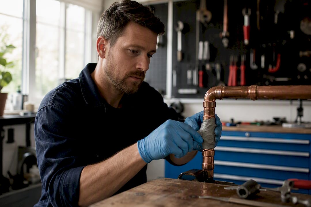 Hands wrapping epoxy putty on leaking pipe fitting