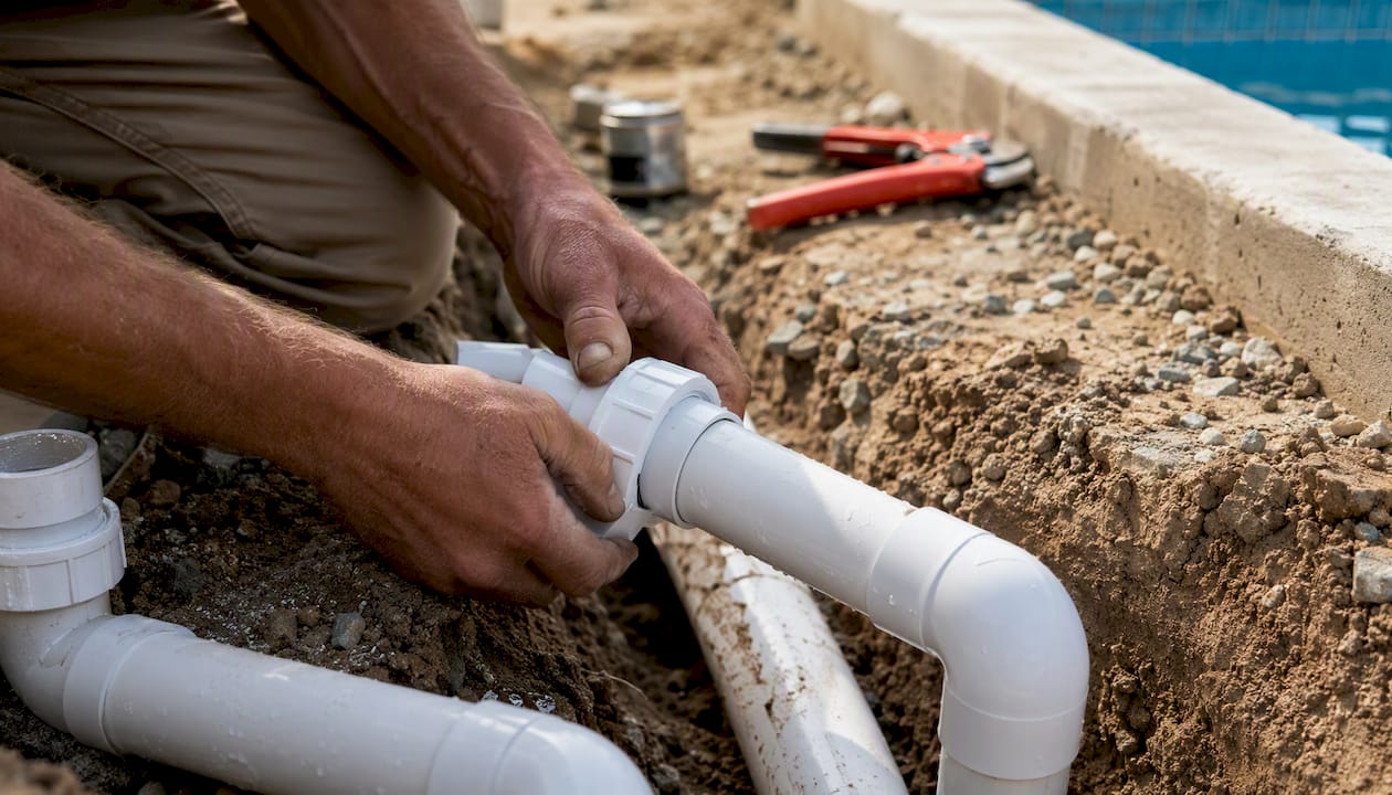 Plumber connecting pool pipes in trench