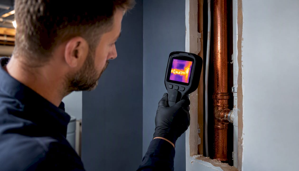 Thermal camera detecting hot water leak behind wall