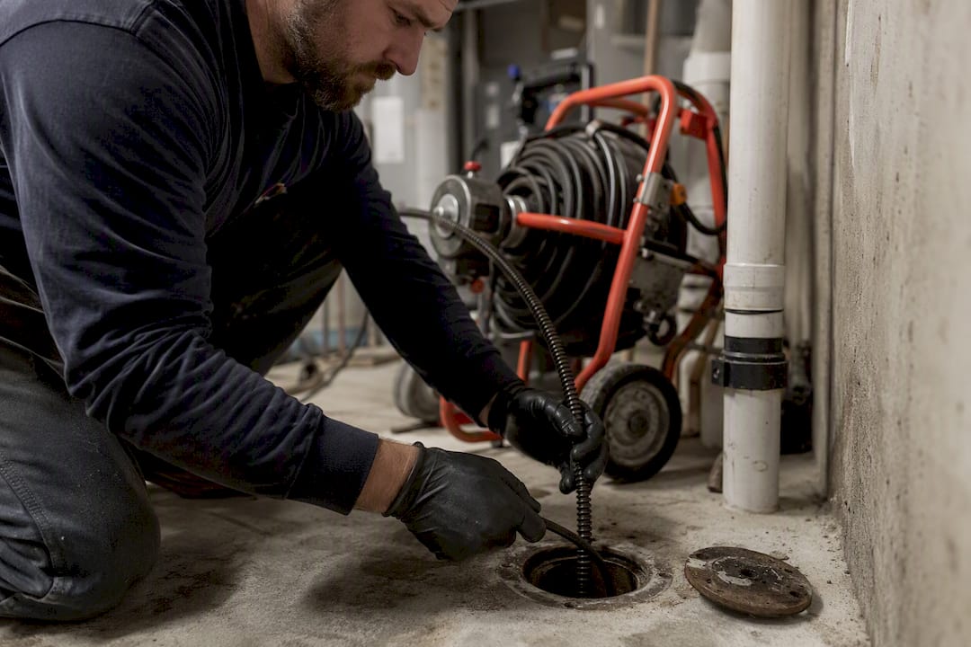 Plumber cutting roots inside drain pipe