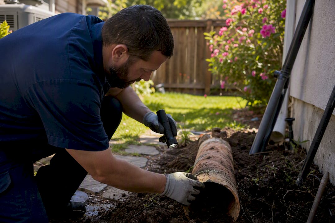 Plumber inspecting clay sewer pipe in basement