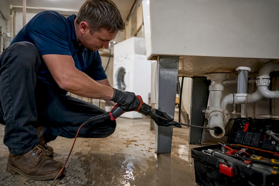 Plumber clearing laundry drain clog with snake