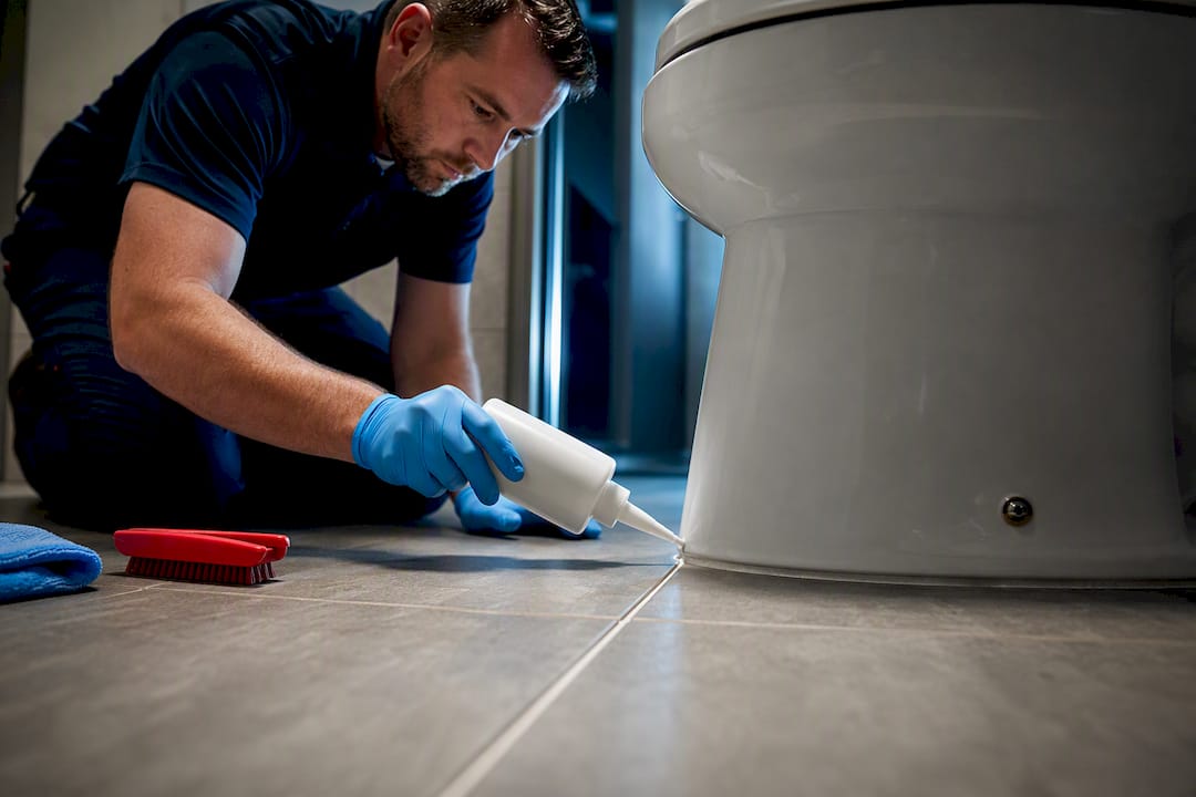 Technician treating restroom grout odor source