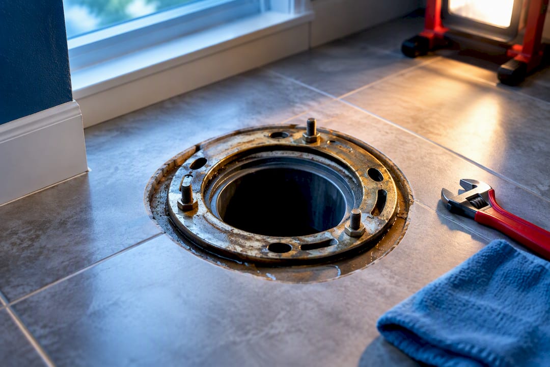 Exposed toilet flange during leak repair