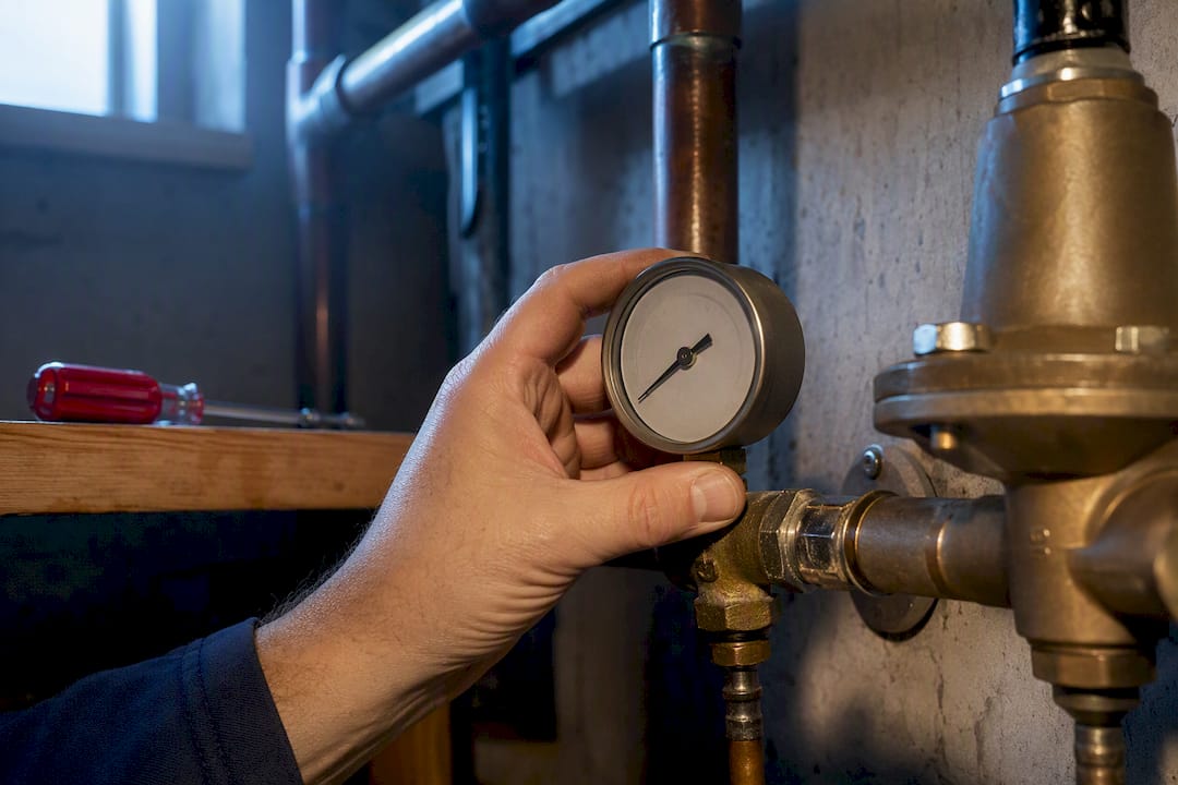 Homeowner checking a water pressure regulator gauge