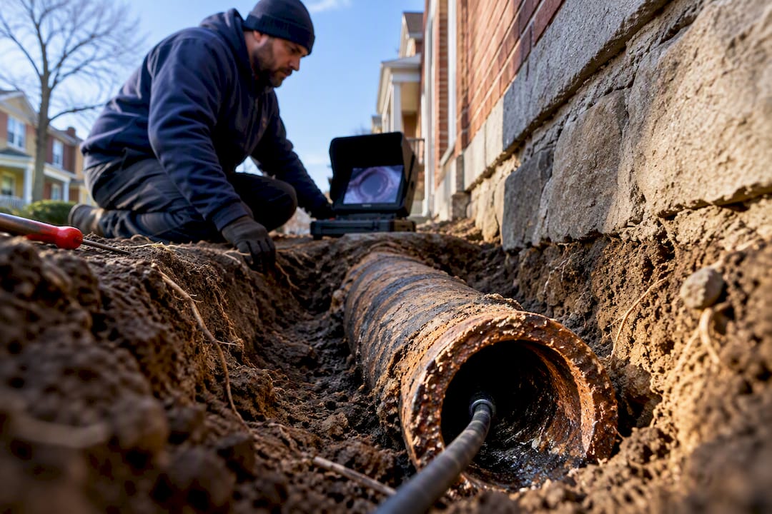Aging cast iron drain exposed for inspection