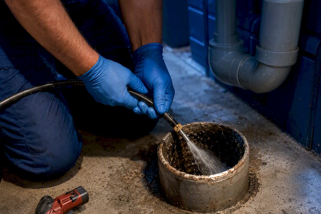 Technician hydro-jetting a residential drain