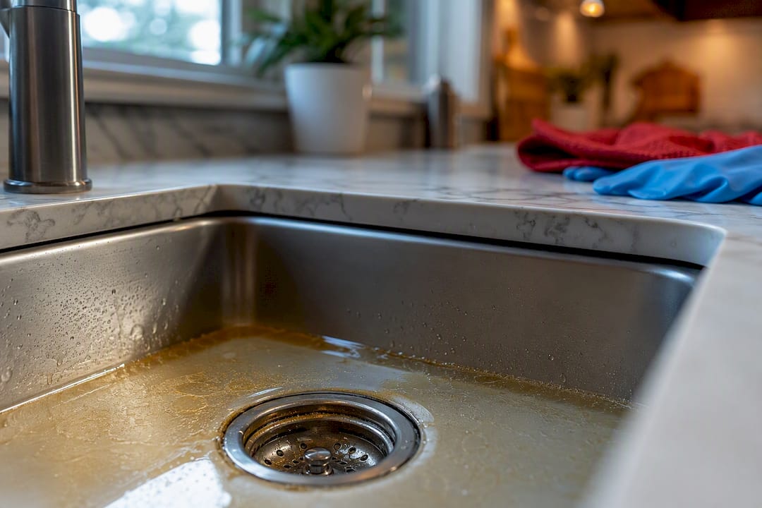 Kitchen sink showing a grease clog