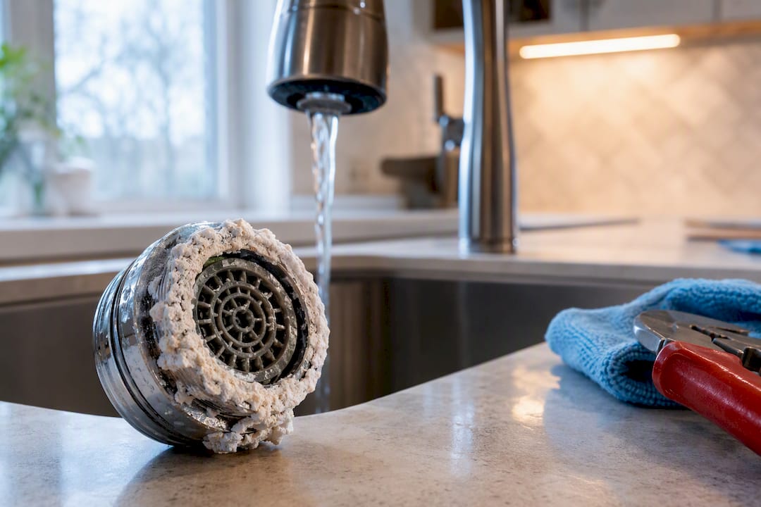 Mineral scale buildup on faucet aerator