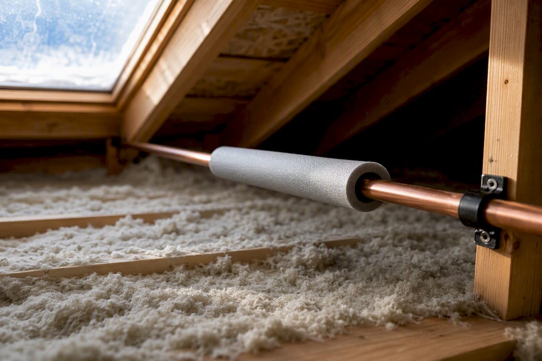 Exposed attic pipe above insulation line